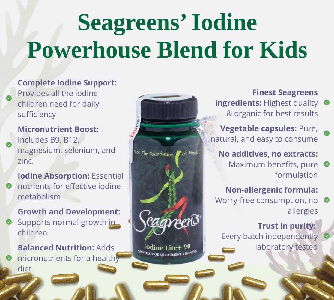 Seagreens Iodine Lite+ Organic Supplements, 3 Month Supply, 150mcg Natural Iodine from Seaweed, Vegan Supplement for Kids & Adults, Radiation Support, Thyroid Health, 90 Capsules