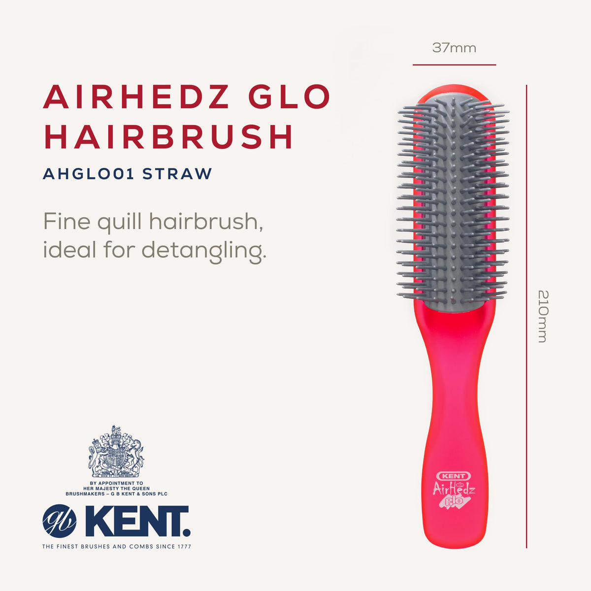 KENT Kent AirHedz Glo Half Round Hair Brush Raspberry - Detangling Hairbrush for Medium to Long Thick Hair, Cushioned Non-Scratch Quill Brush