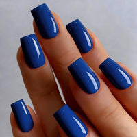 KQueenest Acrylic Press on Nails Short Medium Square, Royal Blue False Nails Short Coffin, Glossy Natural Solid Color Fake Nails Set, Reusable Gel Stick on Nail for Women Finger Daily Wear 24 Pcs