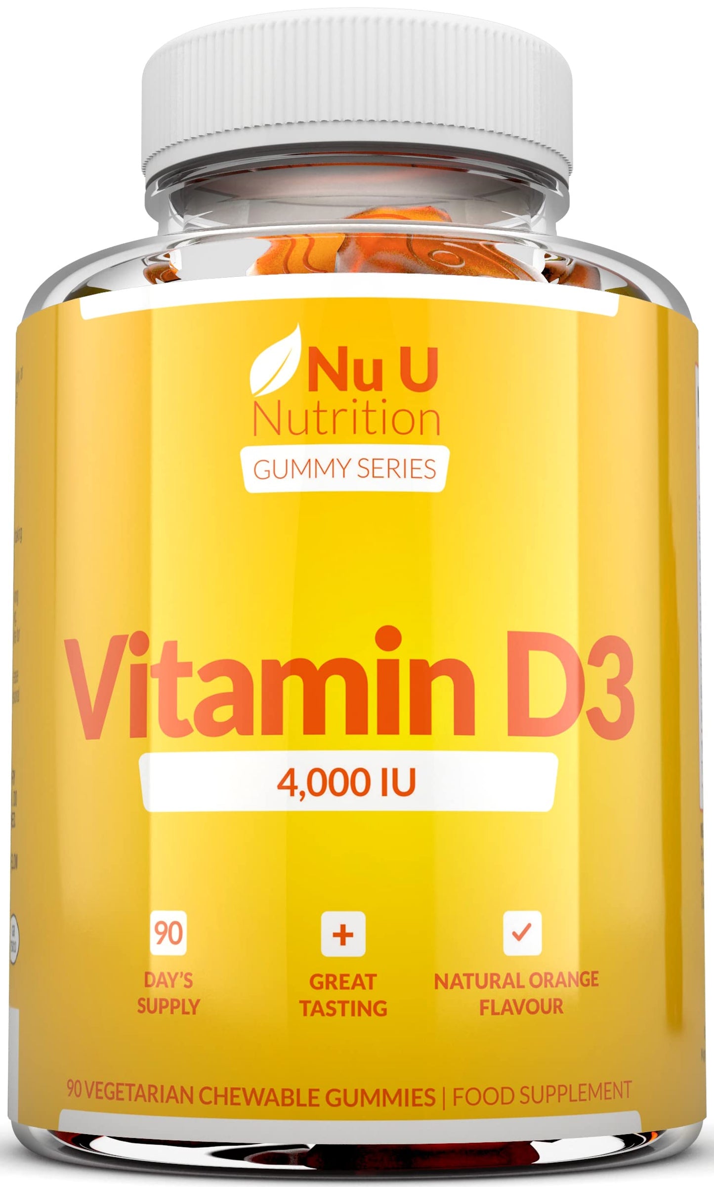 Nu U Nutrition Vitamin D3 Gummies 4000 IU Adults - 90 Gummies - 3 Months Supply - Delicious Natural Orange Flavour - High Strength Vitamin D (Cholecalciferol) Supplement - Vegetarian Chewable VIT D