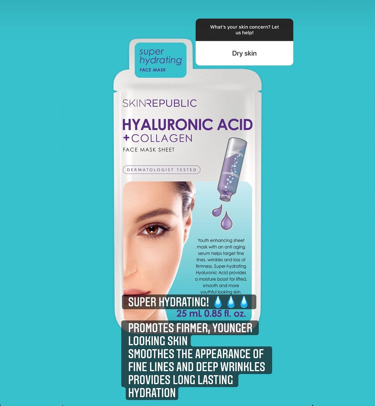 Skin Republic Hyaluronic Acid + Collagen Sheet Mask Clinically Proven to Provide 48-Hours of Long-Lasting Hydration. Made in Korea.
