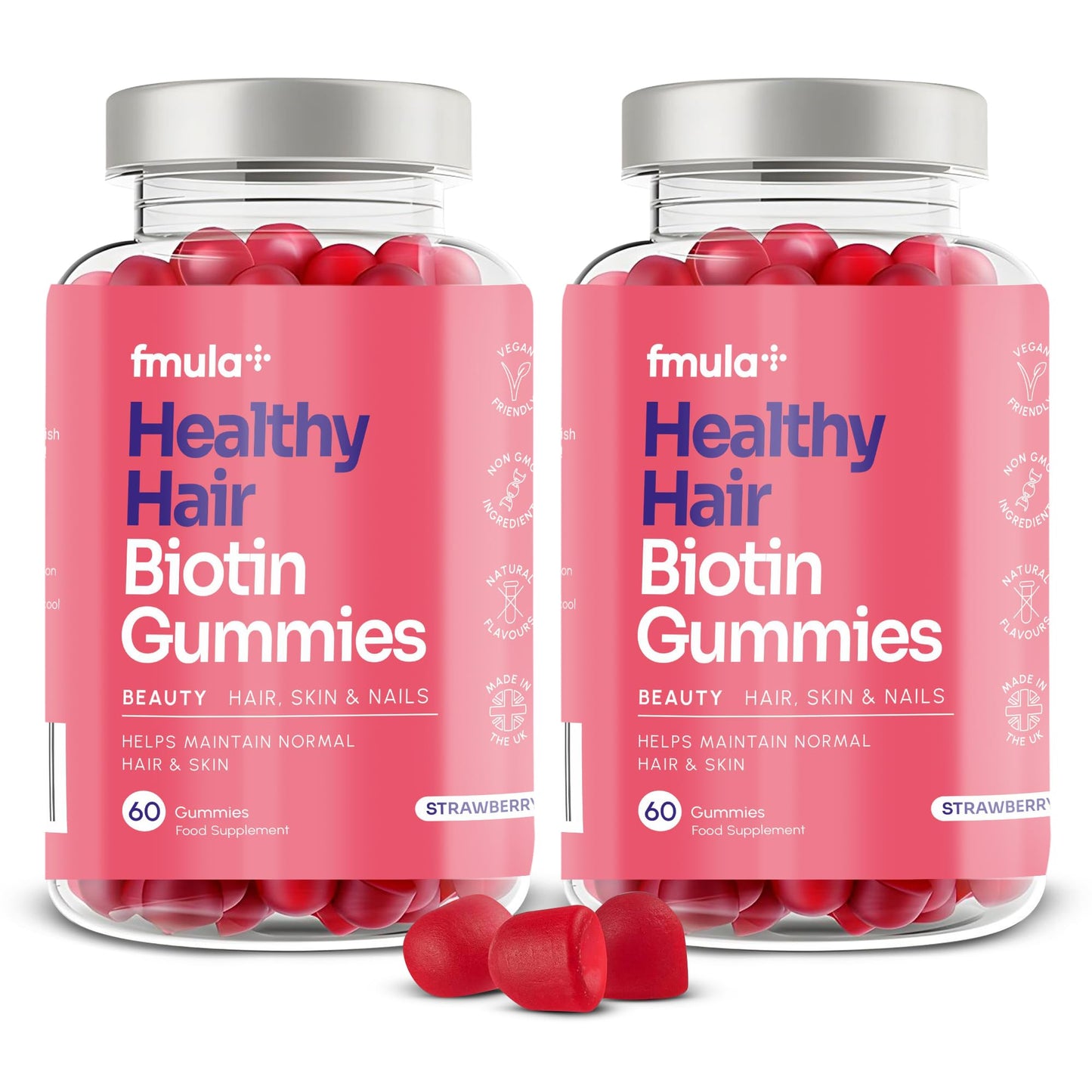 fmula+ Healthy Hair Biotin Gummies for Hair Growth | Hair, Skin and Nail Gummies | Vegan Biotin Supplement for Women | High Strength Biotin Hair Vitamins | Made in The UK - Double Value Pack (60 x 2)