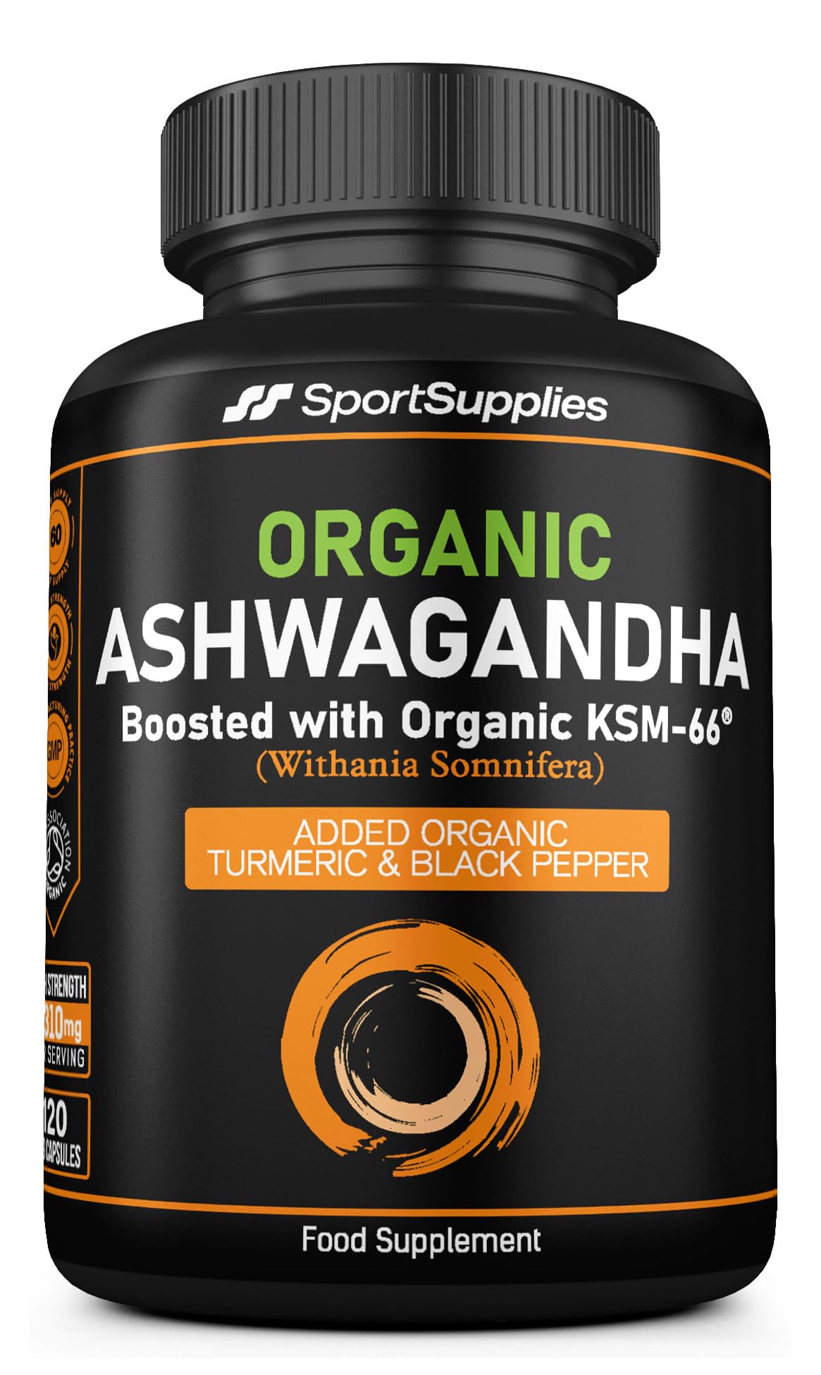 SS Sport Supplies Organic Ashwagandha Capsules 1200mg - Boosted with 1000mg of Organic KSM-66 with 5% Withanolides (from 100mg Extract Ratio 10:1) - Added Turmeric 100mg and Black Pepper - UK Manufactured