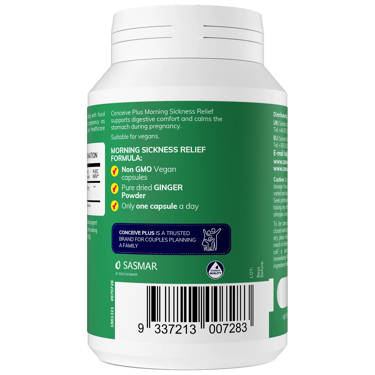 CONCEIVE PLUS Conceive Plus Morning Sickness Relief - Pure Dried Ginger Powder - Nausea, Motion, and Stomach Discomfort Relief for Pregnancy - Essential for Expecting Moms - Non-GMO - 60 Vegan Capsules