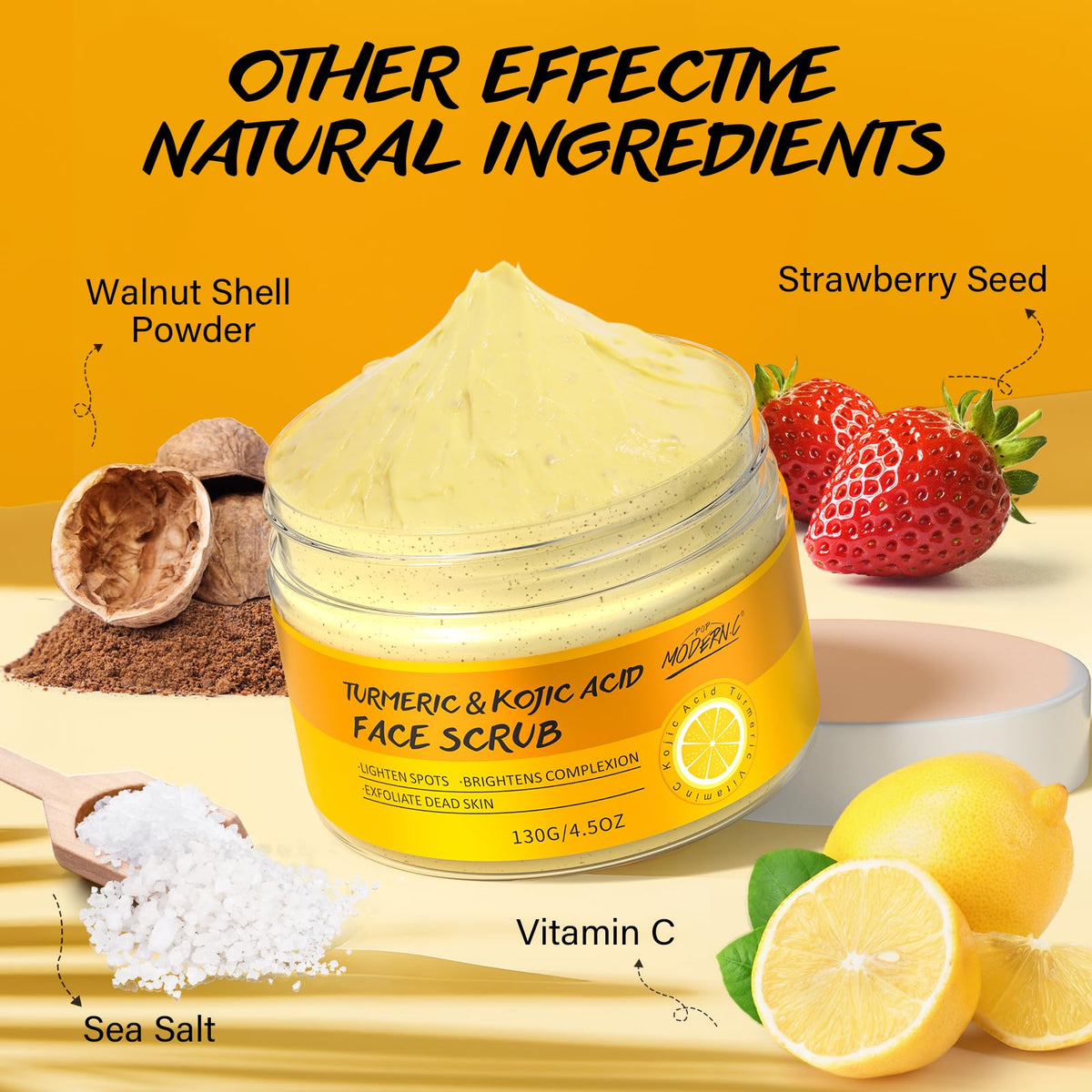 POP MODERN.C Turmeric and Kojic Acid Face Scrub, Vitamin C Skin Brightening Facial Exfoliator for Dry Oily Skin, Gently Remove Acne Dark Spot Blackheads, Lighten Hyperpigmentation, Smooth and Radiant Skin 130g