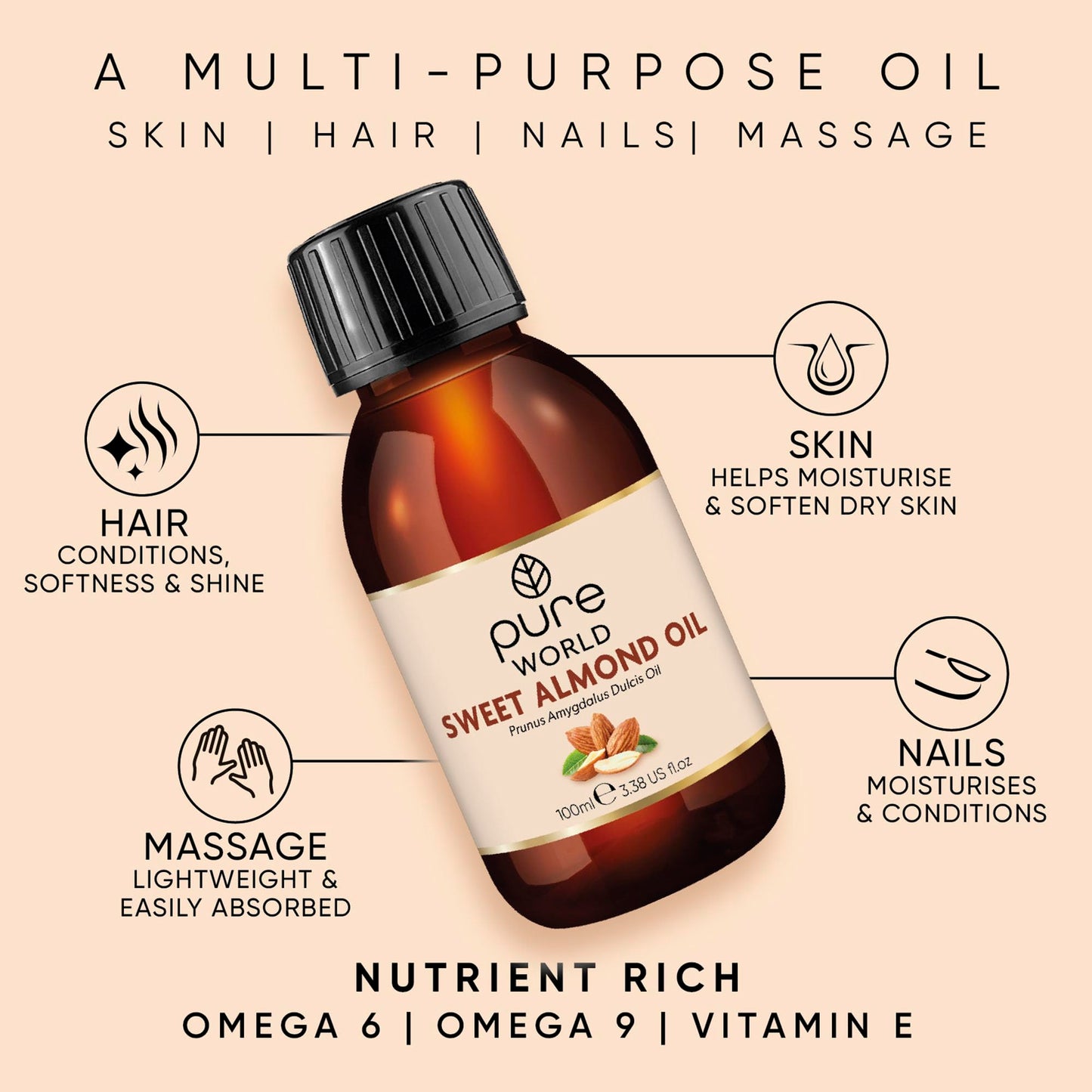 Pure World Premium Sweet Almond Oil 100ml – 100% Natural, Cold-Pressed & Undiluted | Massage & Body Moisturiser for Skin & Hair | Vegan, Edible