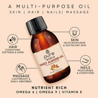 Pure World Premium Sweet Almond Oil 100ml – 100% Natural, Cold-Pressed & Undiluted | Massage & Body Moisturiser for Skin & Hair | Vegan, Edible