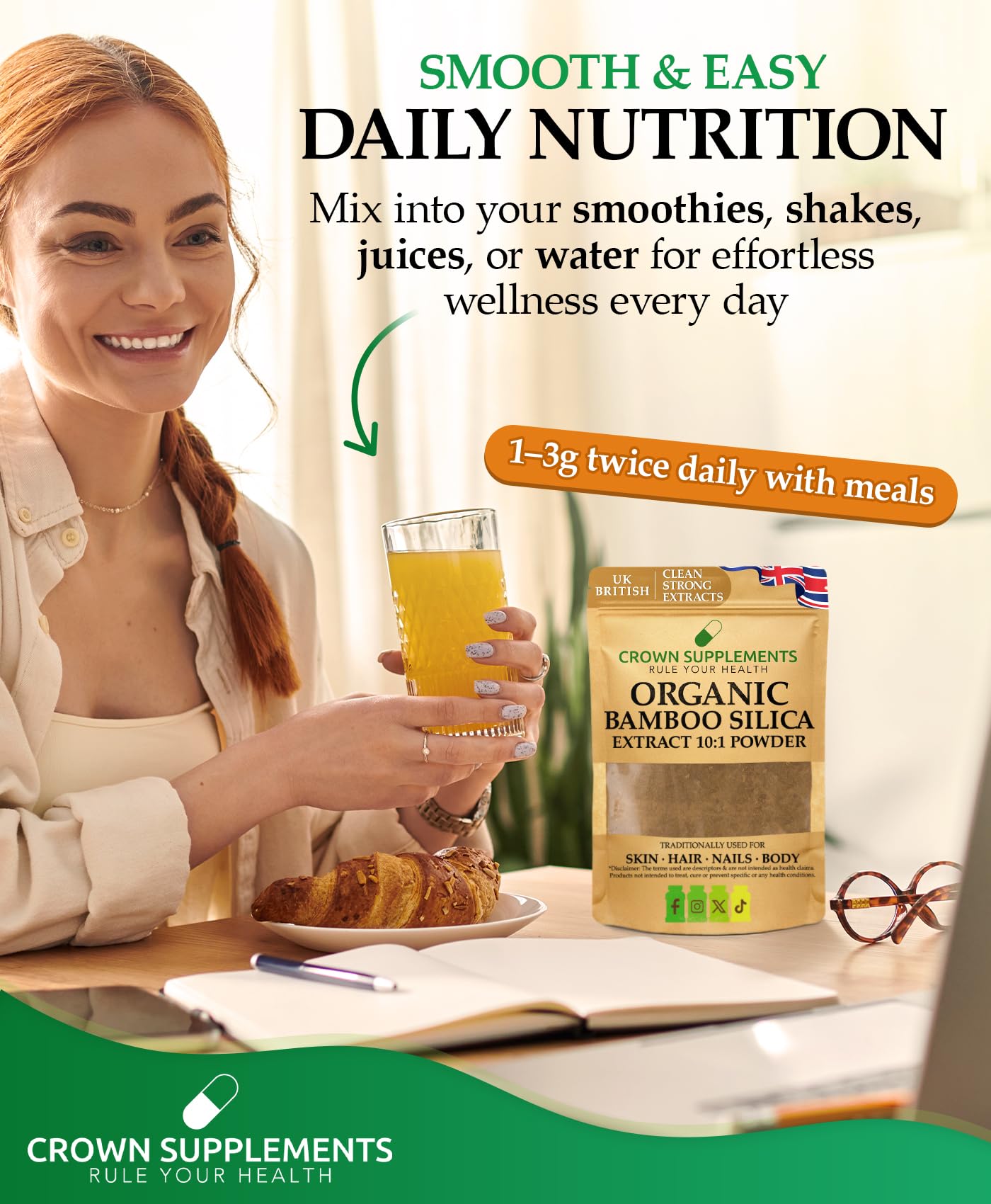 vegishake Organic Silica Extract 10:1| High Strength Naturally Sourced Silica Supplement | for Skin Health and Mobility | Vegan Capsules | from Bamboo Extract | UK Made (100G)