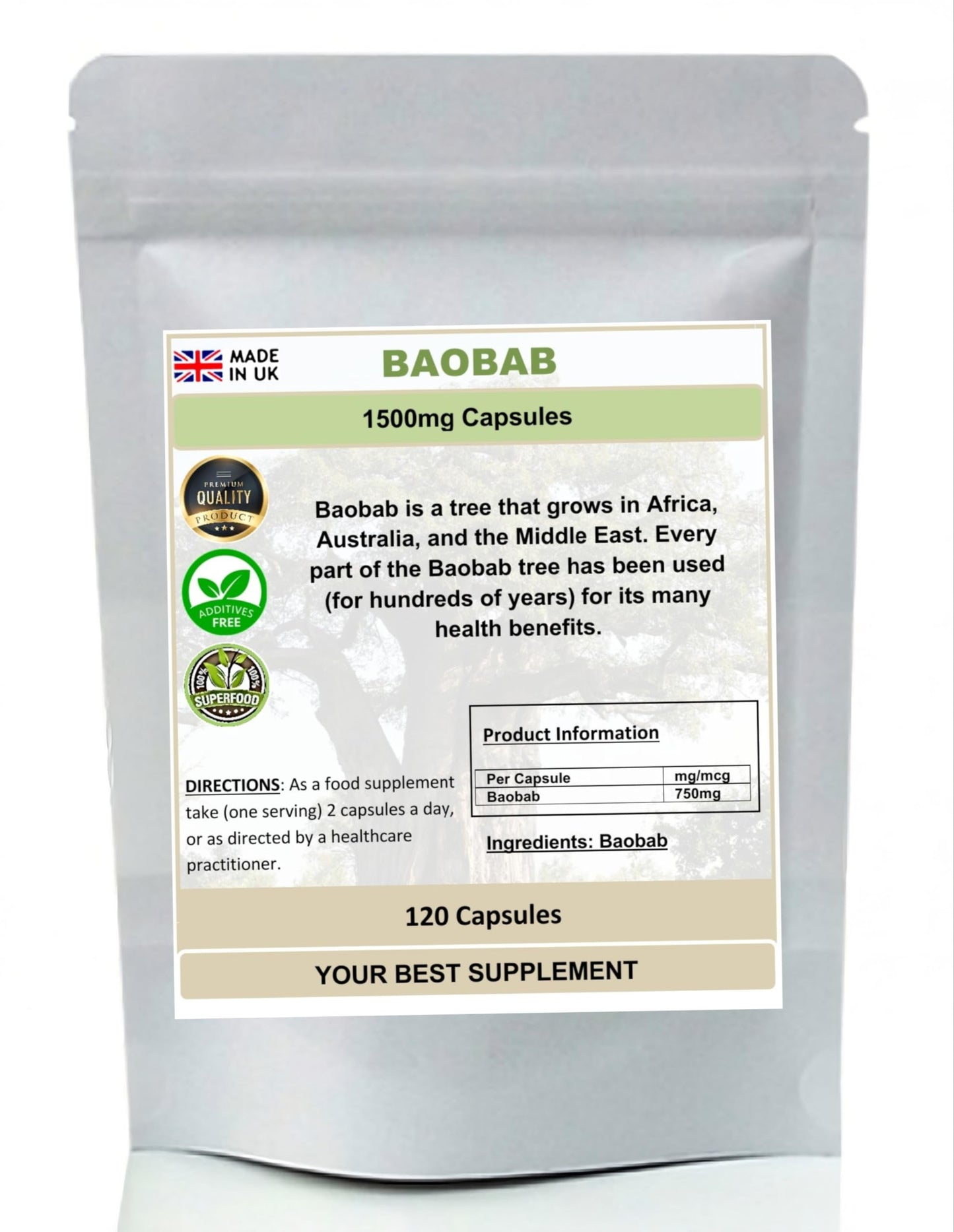 Your Best Supplement Baobab Capsules 1500mg- Superfood, (Pure no additives) High Strength (120)