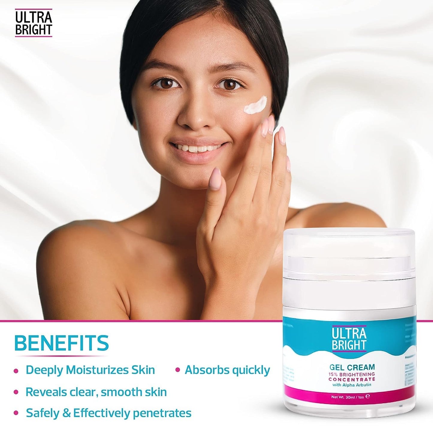 ULTRA BRIGHT Skin Brightening Gel Cream - 1 fl oz / 30 ml - Hydrating & Moisturizing Cream to Even Out Skin Tone - Boost Skin Radiance and Improves skin texture with Alpha Arbutin & Glycerin
