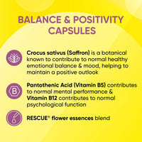 Rescue Balance and Positivity Capsules (30 Day Supply) Saffron, B5 B12 Vitamins, Flower Essences, Vegan Mood Enhancer Capsules for Emotional Balance and Busy Days