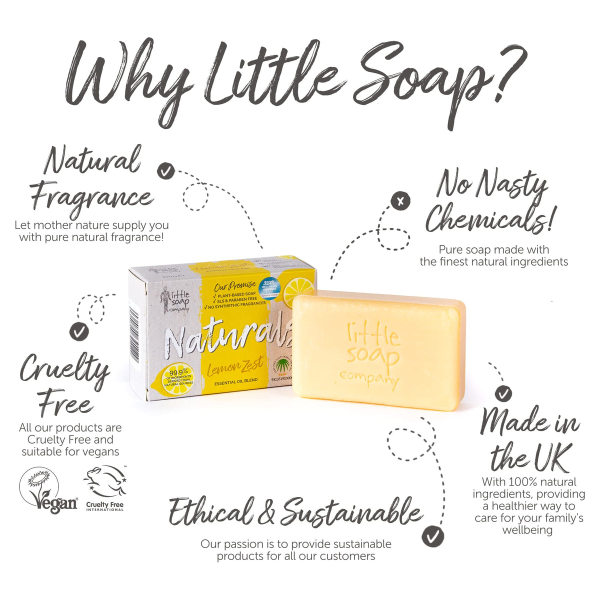 Little Soap Company Naturals Range - Bar Soap | Vegan, Cruelty Free, No SLS or Parabens, Refreshing Cleansing Soap bar, Natural Eco Friendly Body & Hand Soap, 100g (Lemon Zest)