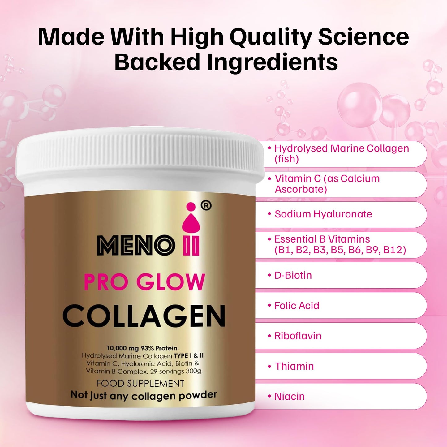 Meno II PRO Glow Marine Collagen Powder 10,000mg - High-Potency Supplements for Women Skin Hydration - Unflavoured Collagen Supplement with Hyaluronic Acid, Vitamin C & B Complex - 300g