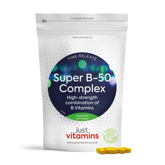 Just Vitamins Super Vitamin B-50 Complex | x90 High Strength Tablets Containing All 8 B Vitamins - VIT B1 Thiamine, B2, B3 Niacin, B5, B6, B7 Biotin, Inositol, B9 Folic Acid & B12. UK Made from Non Yeast Source