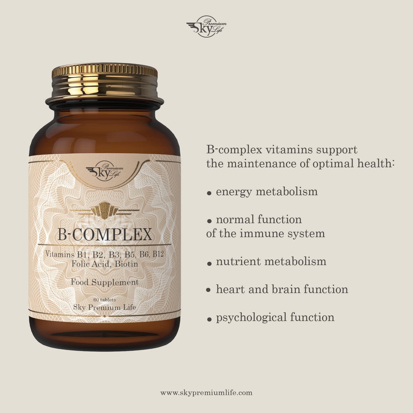 Sky Premium Life Vitamin B Complex with Vitamins B1, B2, B3, B5, B6, B12, Folic Acid & Biotin - 60 Tablets (1 Pack)