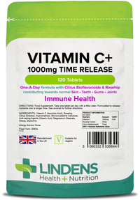 Lindens Vitamin C+ 1000mg - 120 Tablets - Time Release Tablets with Citrus Bioflavonoids and Rosehip - Contributes to Immune System Health, Reduces Tiredness and Supports Healthy Skin and Teeth