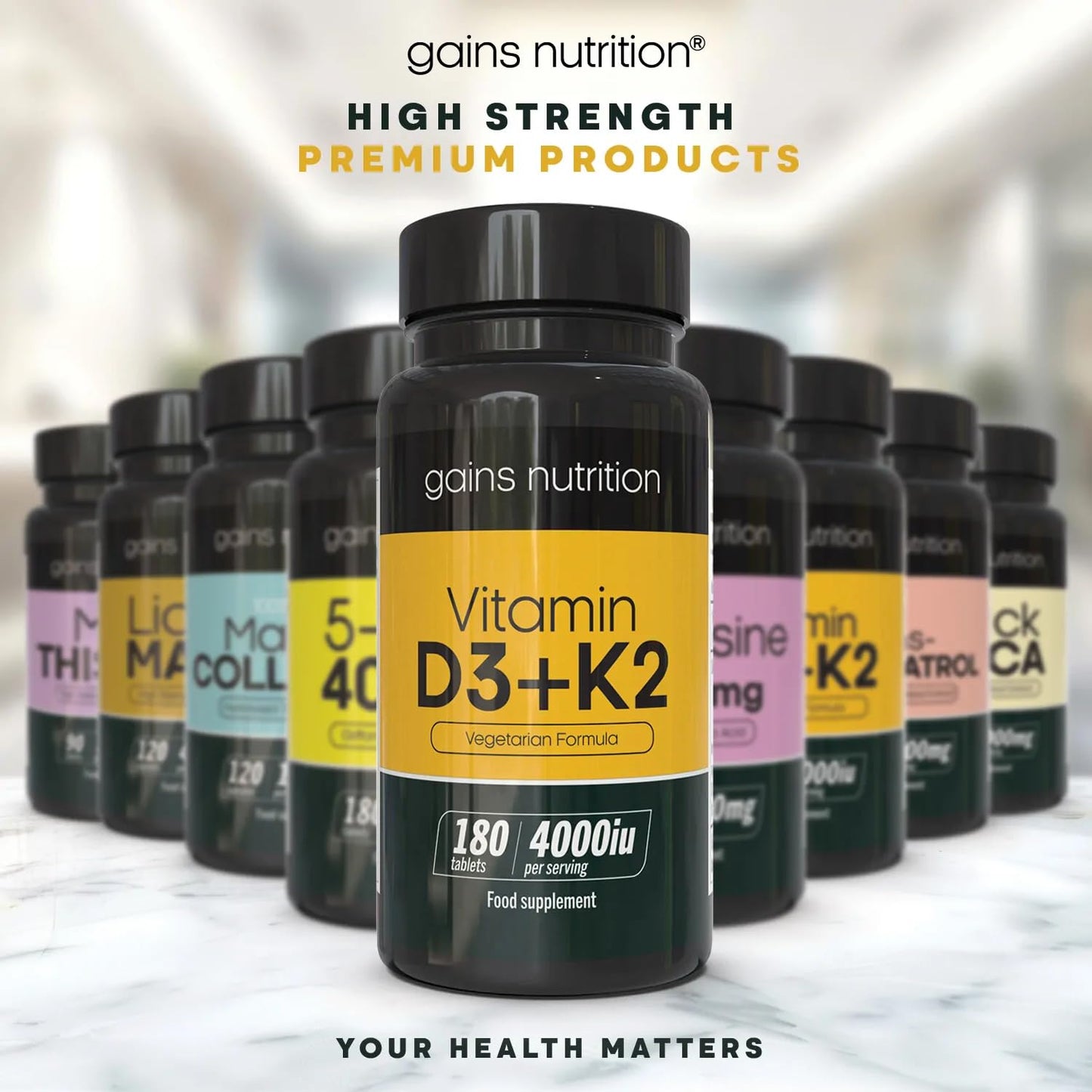 Gains Nutrition GN Vitamin D3 K2 | 180 High Strength D3 and K2 Vitamin Capsules - 4000iu per Serving | Vitamin D K2 MK-7 | Non-GMO, Gluten & Allergen Free | Made in The UK