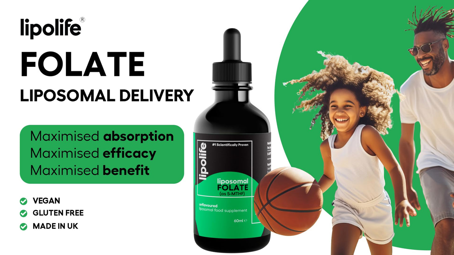 Lipolife Liposomal Liquid folate (as 5-MTHF, The Active Form of folic Acid.) Advanced Nutrient delivery System, Made in The UK by lipolife. 60ml = 60 Servings. 500mcg of folate per 1ml. LLF1