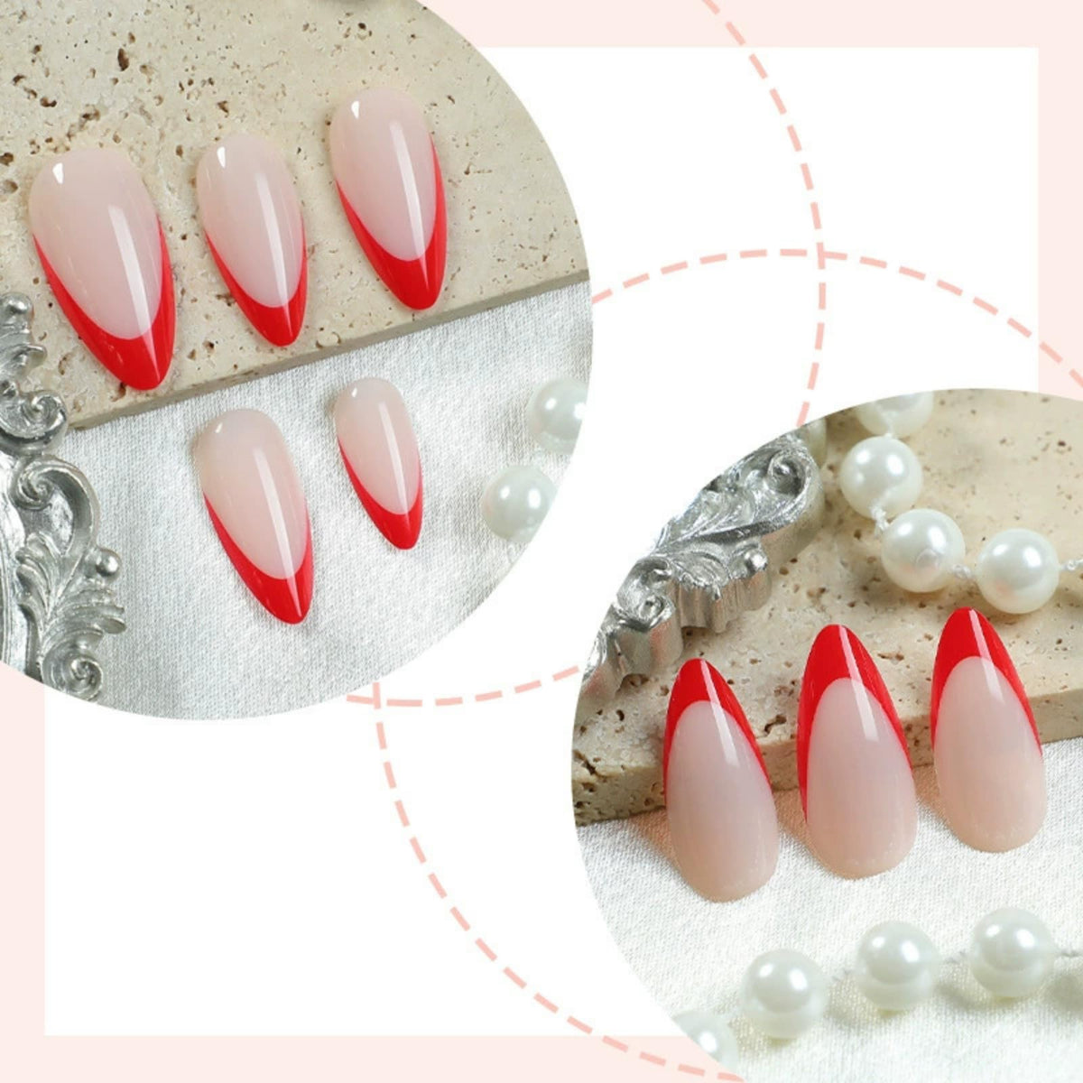 HERBINSOLS Almond False Nails - Red French Tip False Nails - Oval Short Medium Nude Press On Nails - Natural Removable Fake Nails With Glue - Acrylic Full Cover Stick On Nail For Women Daily Wear DIY Nail Art