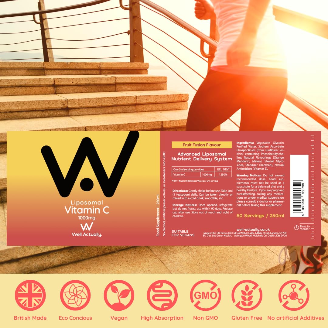 well actually WELL ACTUALLY Liposomal Vitamin C 1000mg - High Bioavailability Powerful Liquid Vitamin C Supplement - Supports Immunity, Skin, Brain, Joints, Energy - Vegan (250ml - 50 Servings)