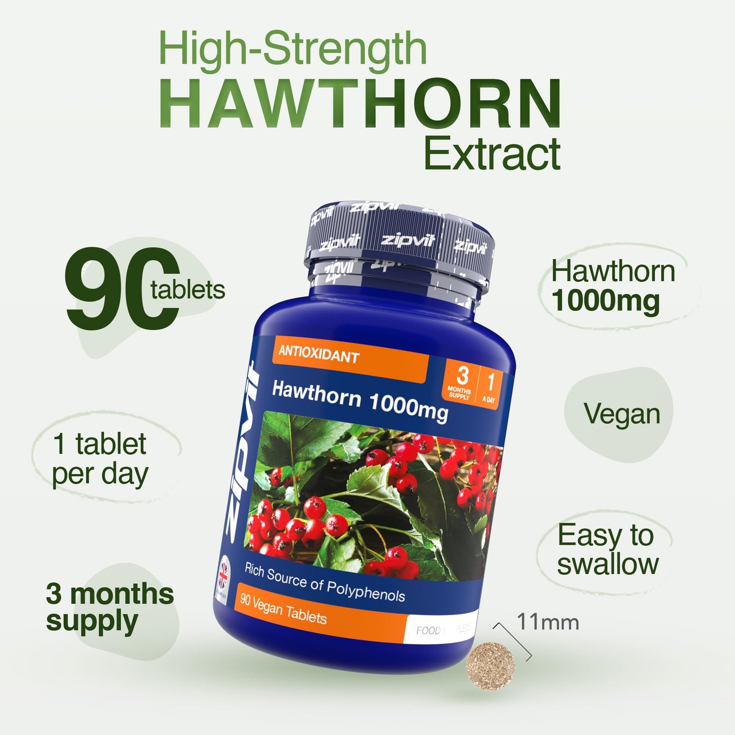 Zipvit Hawthorn Berry Leaf Tablets 1000mg, 90 Vegan Hawthorn Tablets 3 Month Supply