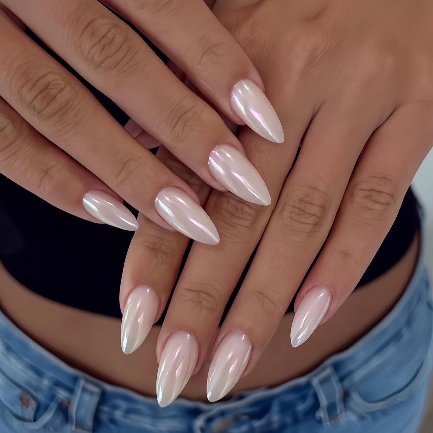 KQueenest Chrome White Press on Nails Almond Medium, Almond False Nails, Glazed Spakly Glitter Fake Nails Press ons Stiletto, Reusable Soft Gel Stick on Nail for Women Wedding, 24 Pcs