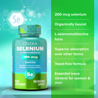 ORZAX Selenium 200mcg Capsules - L-Selenomethionine for Immune System Health & Thyroid Support - Antioxidants Supplement for Women and Men (180 Veg Capsules)