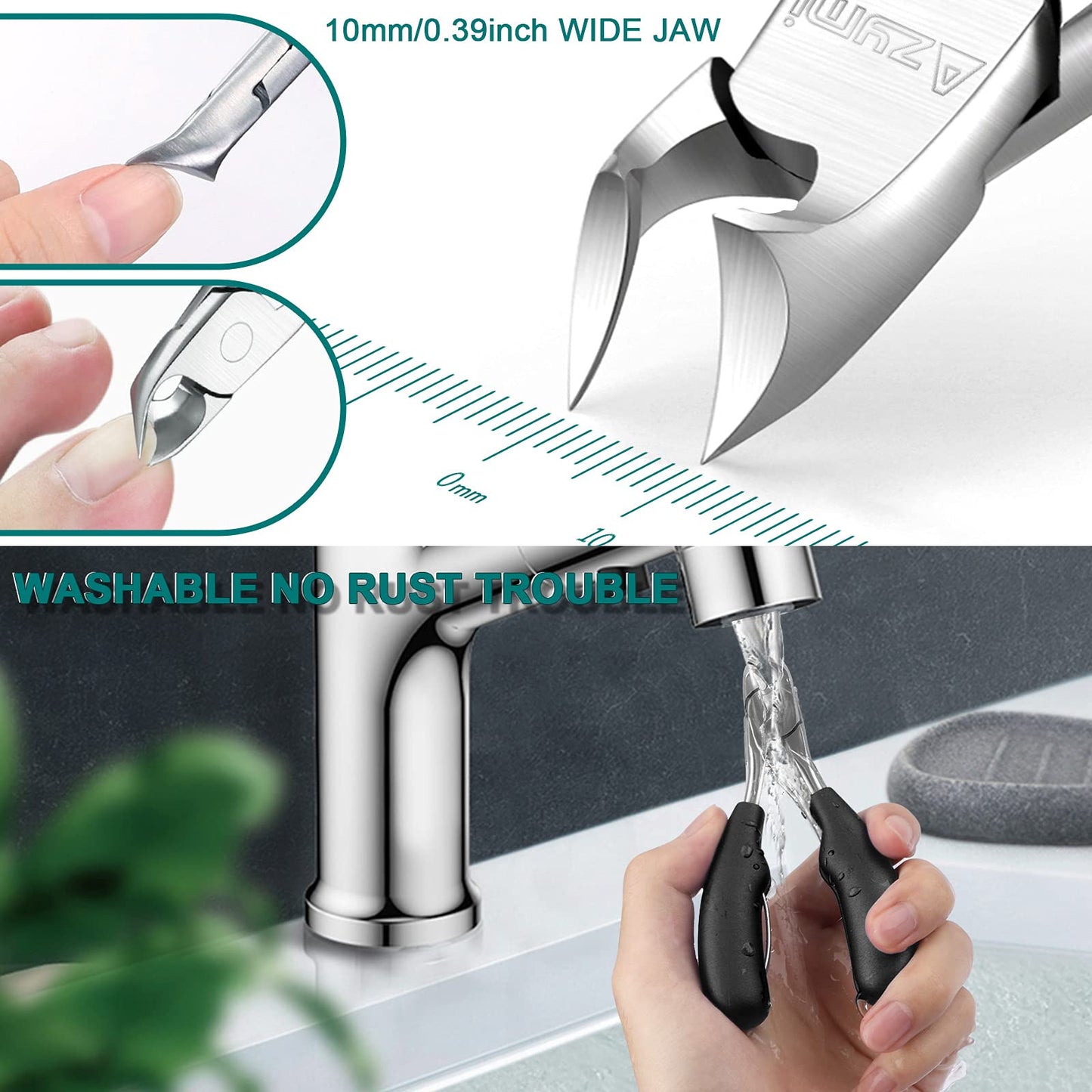 Azymi Toe Nail Clippers for Thick Nails, Heavy Duty Toenail Scissors Cutters Kit with Nail File & Nail Hook, Sharp Curved Blades- Wide Jaw Opening- Soft Handle