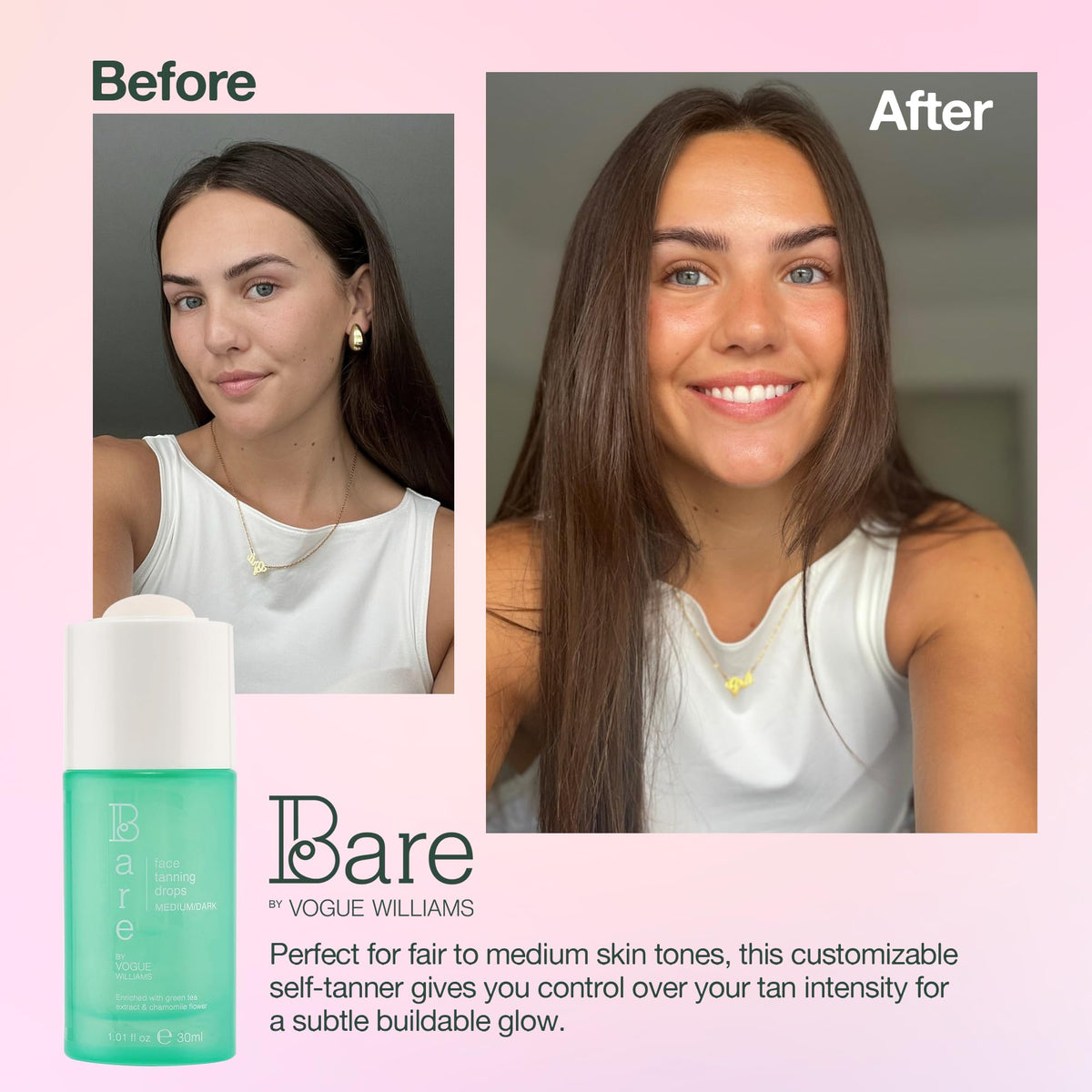 Bare by Vogue Bare By Vogue Face Tanning Drops - Medium/Dark, Customisable Sun-Kissed Glow - Infused with Green Tea, Chamomile, and Pomegranate Extract - For Smooth, Hydrating & Radiant Skin (30ml)