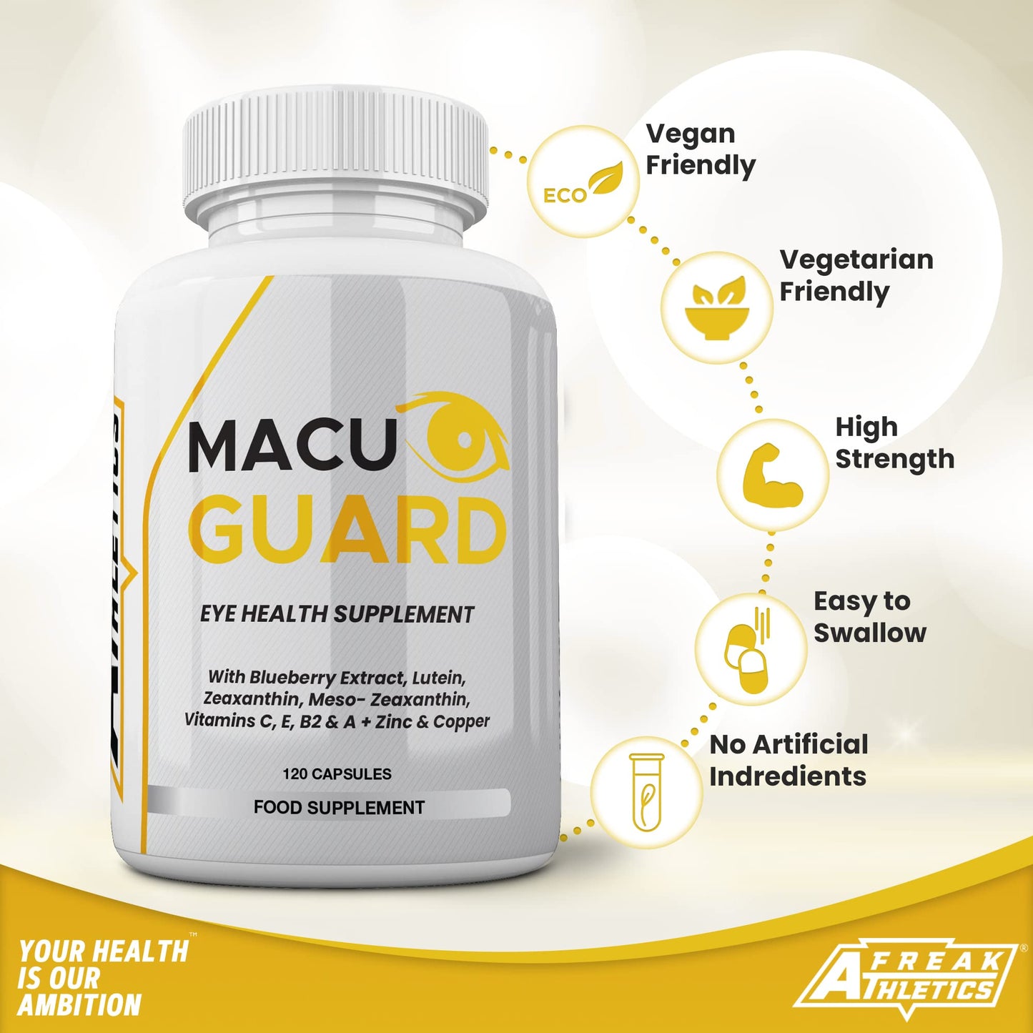 MacuGuard+ Eye Supplement - 120 Capsules - Zeaxanthin, Meso Zeaxanthin, Lutein, Blueberry Extract Plus Vitamins and Minerals - Premium UK Made