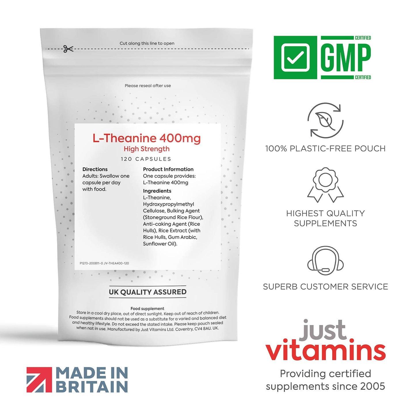 L-Theanine 400mg - x120 High Strength Vegan Capsules (4 Month Supply) GABA Alternative, Brain Power Nootropic L Theanine Supplement - Non GMO, Caffeine Free, Made in UK by Just Vitamins