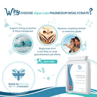 Xspan Labs Magnesium Bisglycinate 500mg – Extremely Bioavailable Capsules with High Absorption for Better Sleep, Muscle and Nerve Support - Magnesium Glycinate Vegetarian and Vegan Friendly - Made in The UK
