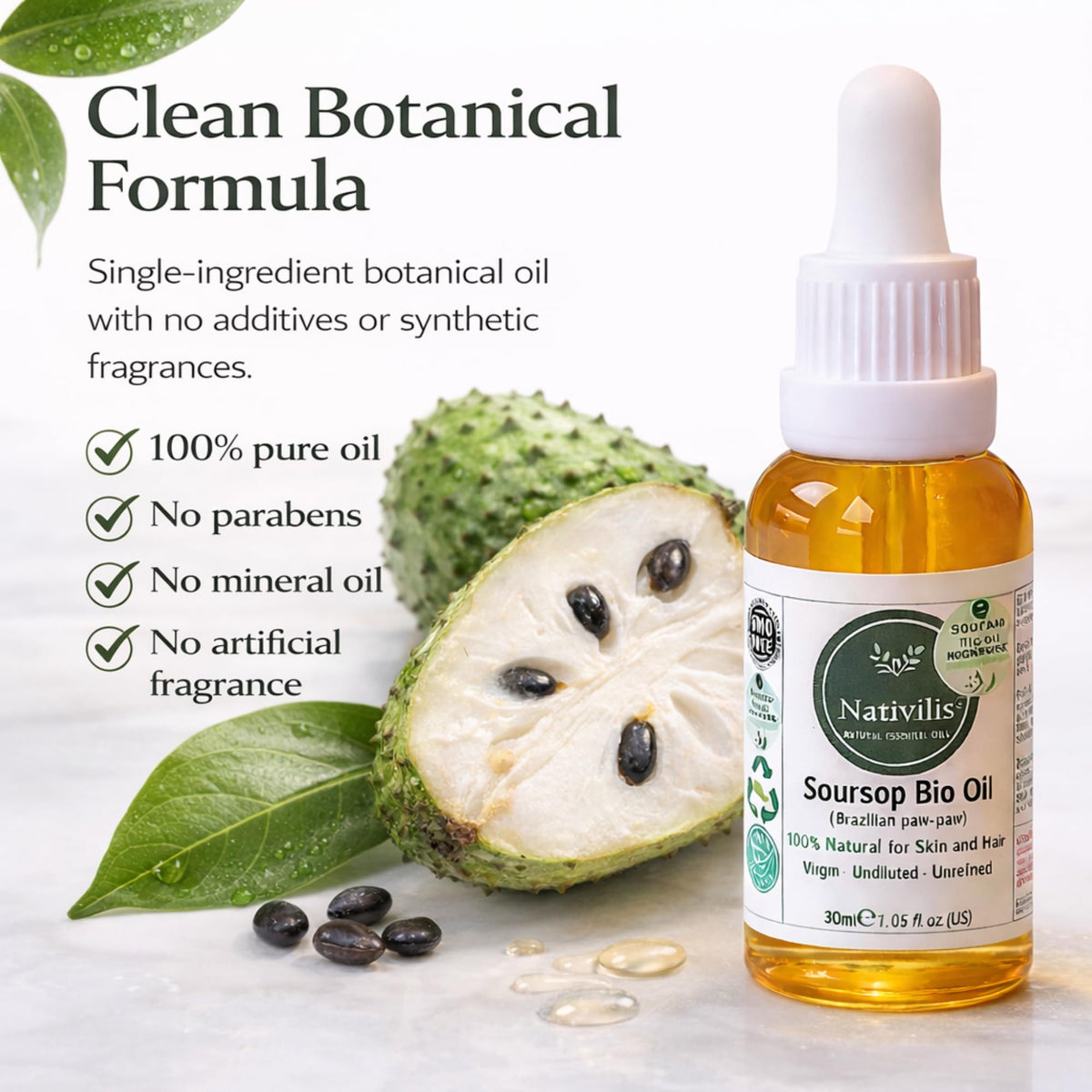 Nativilis Natural Essential Oils Nativilis Soursop Bio Oil, 30ml, 100% Natural Virgin Unrefined Brazilian Paw-Paw Oil for Skin and Hair