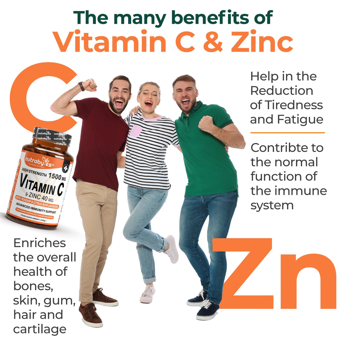 NUTRABYTES Nutrabytes High Strength 1,500mg Vitamin C & 40mg Zinc Supplement, 180 Capsules | Advanced Immune Support with Zinc, Rosehip & Citrus Bioflavonoids | 3 Months | Vegan Capsules | UK Made