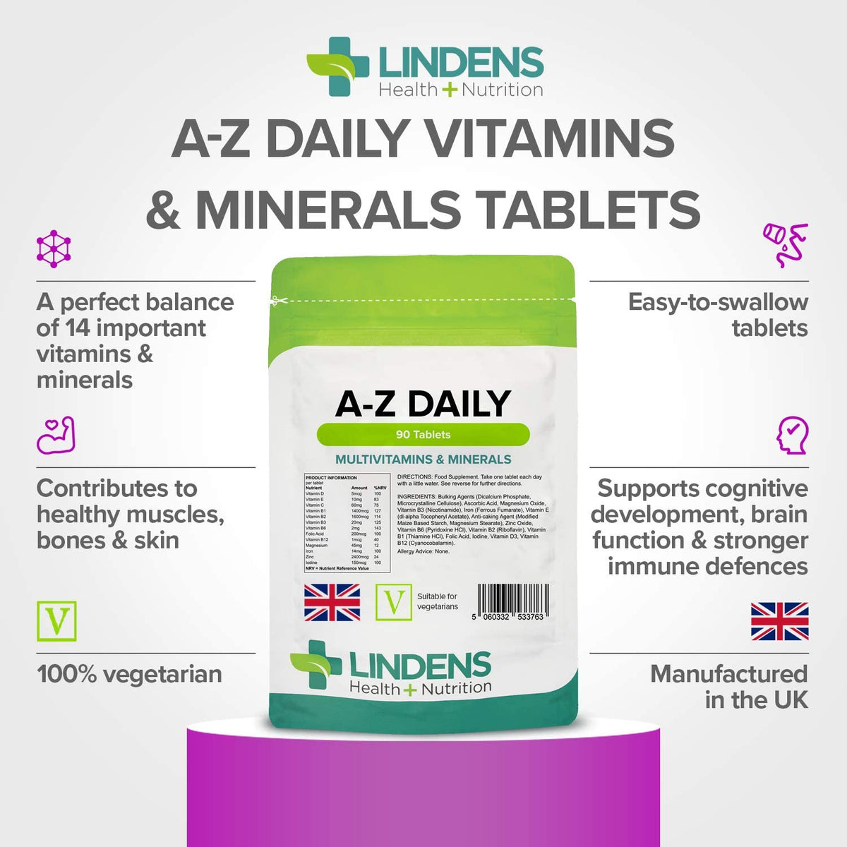 Lindens Multivitamin A-Z Daily Tablets - 90 Pack, UK Made, Perfect Vitamin & Mineral Balance of Vitamin A, C, D, E, B1, B2, B3, B6, B12, Folic Acid, Magnesium, Iron, Zinc & Iodine - Letterbox Friendly