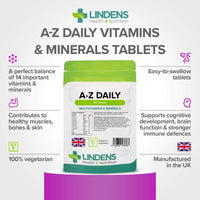 Lindens Multivitamin A-Z Daily Tablets - 90 Pack, UK Made, Perfect Vitamin & Mineral Balance of Vitamin A, C, D, E, B1, B2, B3, B6, B12, Folic Acid, Magnesium, Iron, Zinc & Iodine - Letterbox Friendly