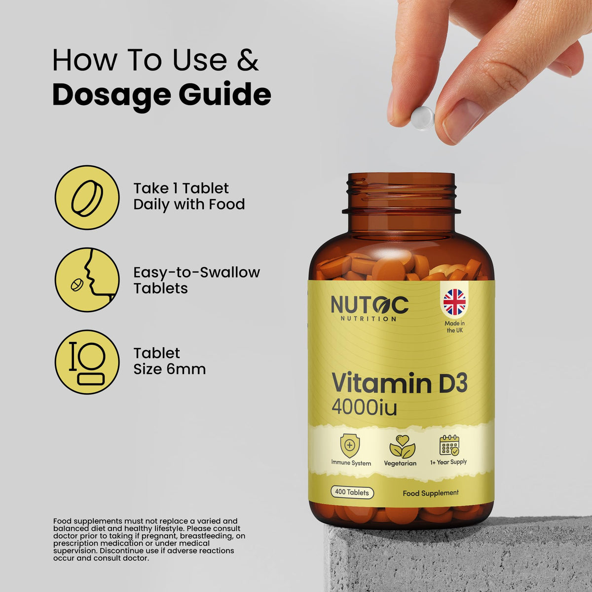 NUTOC Vitamin D3 4000IU Tablets - 400 Micro Tablets, 1+ Year Supply, 6mm Easy Swallow, One A Day, UK Made, Gluten-Free, High Strength - Supports Immune System & Bone Health