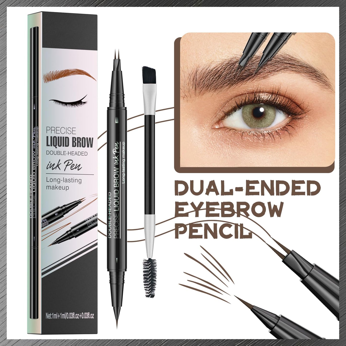 Microblading Eyebrow Pen, 2-in-1 dual-ended long-lasting eyebrow pencil, featuring micro-blade tip and precision brush tip, newly upgraded dual-ended makeup, creates natural eyeliner eyebrows (brown)