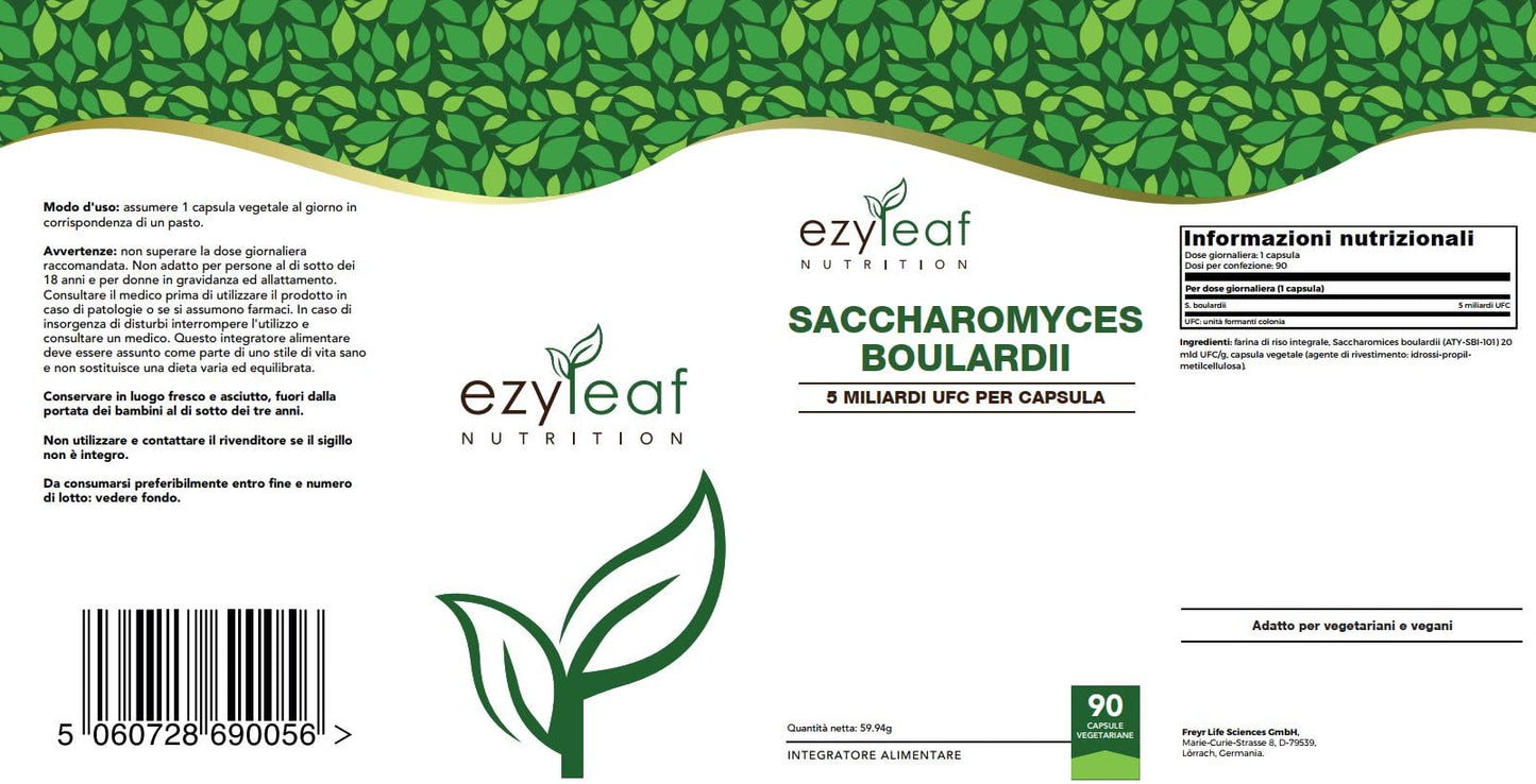 Ezyleaf Saccharomyces Boulardii [5 Billion CFU] | 90 Vegan Capsules | Probiotic Supplement | S Boulardii Probiotic with Clean Fillers | ISO Certified, Non-GMO, Gluten & Allergen Free | Made in UK
