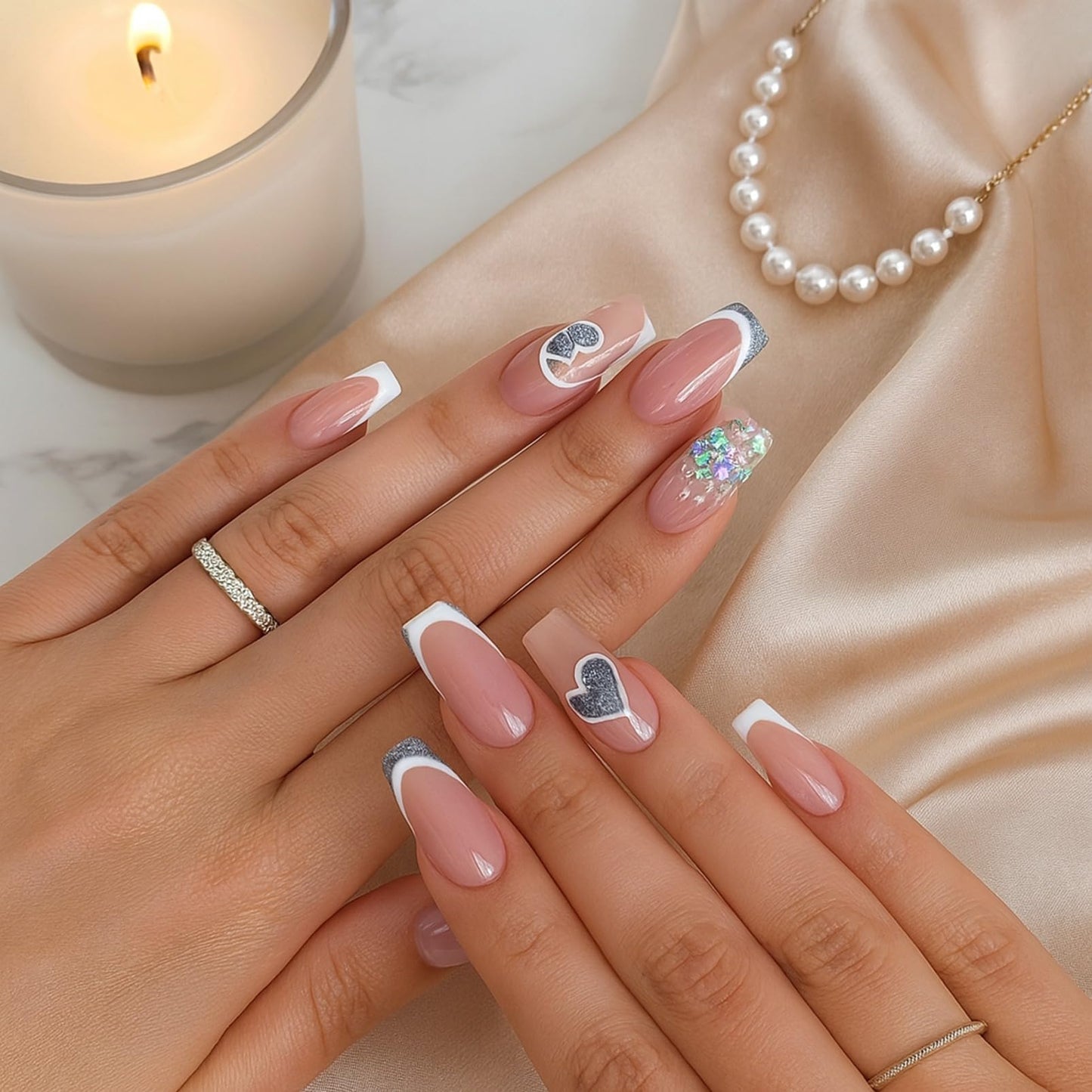 Generic 24Pcs Short Almond French Press on Nails with Glitter Hearts and Sparkling Design, Nude Pink and Blue Accents, for Manicure and Nail Art