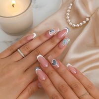 Generic 24Pcs Short Almond French Press on Nails with Glitter Hearts and Sparkling Design, Nude Pink and Blue Accents, for Manicure and Nail Art