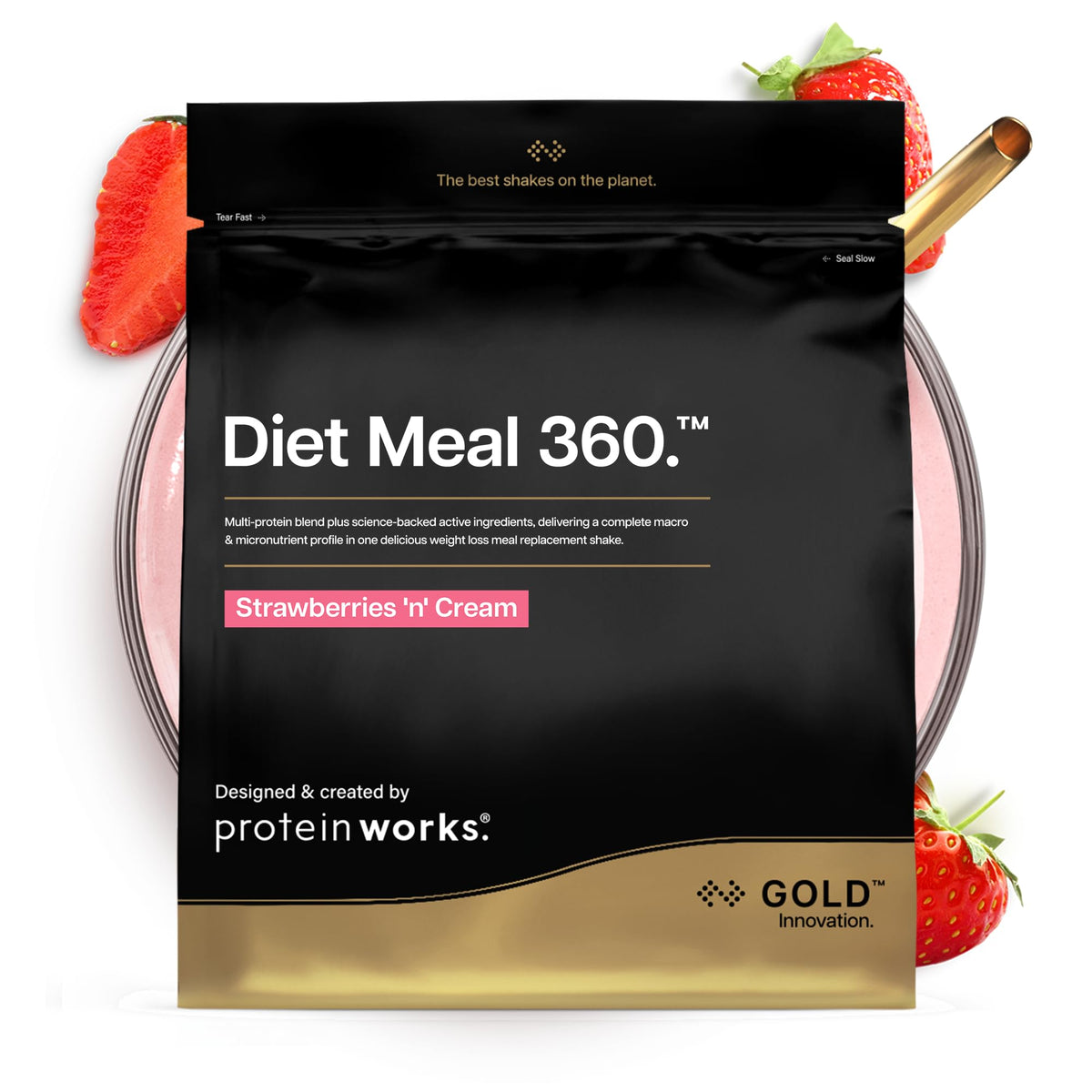 Protein Works | Diet Meal 360 - GOLD Innovation, Diet Meal Replacement Shake, Supports Weight Loss, 24 Vitamins & Minerals, Added Flaxseed, Inulin, Omega 3, Strawberries 'n' Cream, 7 Meals, 500g