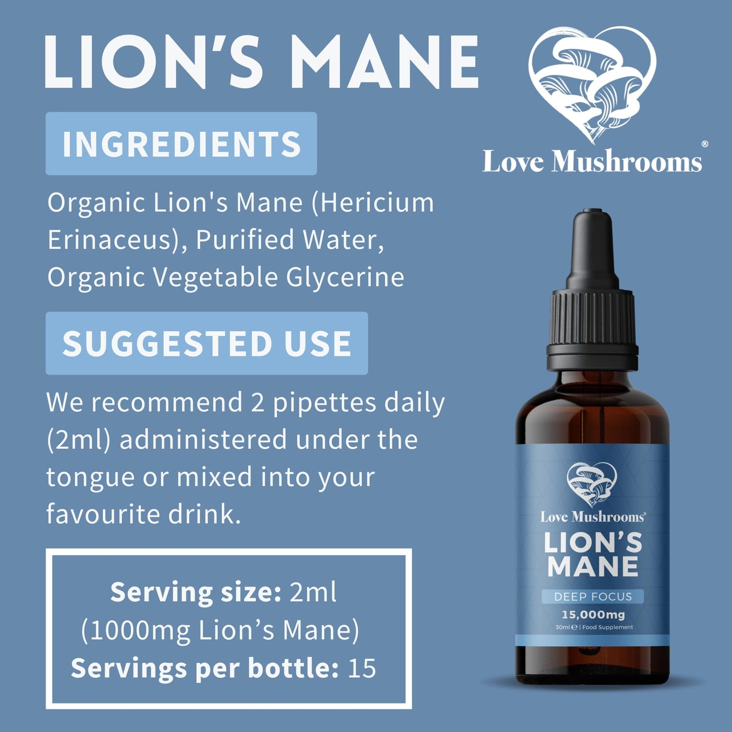 Love Mushrooms Lions Mane Mushroom Supplement, 15,000mg Tincture 30ml, Liquid Drops to Support Focus & Memory, Vegan, Made in The UK