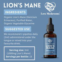 Love Mushrooms Lions Mane Mushroom Supplement, 15,000mg Tincture 30ml, Liquid Drops to Support Focus & Memory, Vegan, Made in The UK