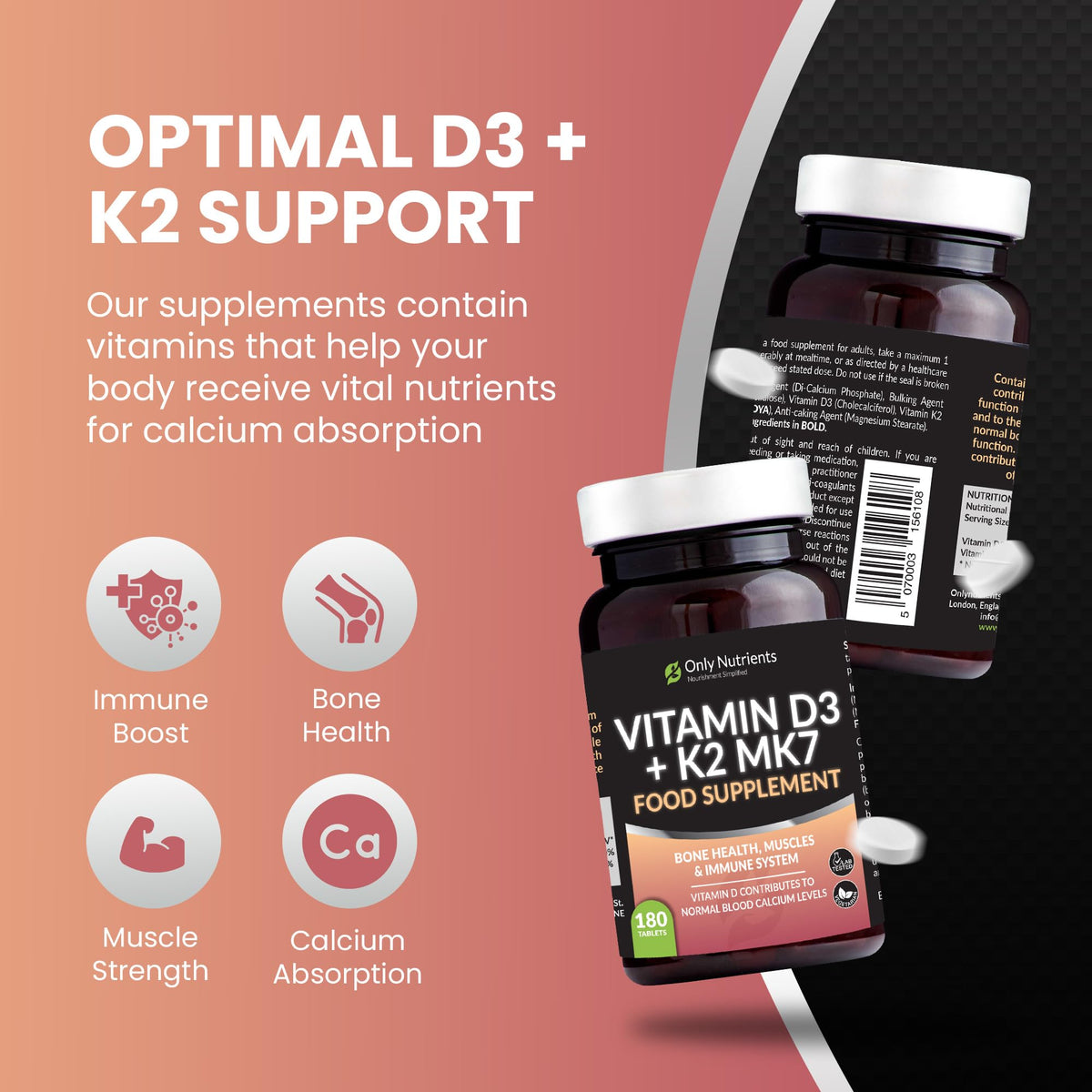 Only Nutrients - Vitamin D3 + K2 MK7, UK-Made Teeth, Muscle & Bone Supplements Men/Women Need, High-Strength Vegan Immune Support Rich in Vitamin D3 4000 iu, 180 Tablets