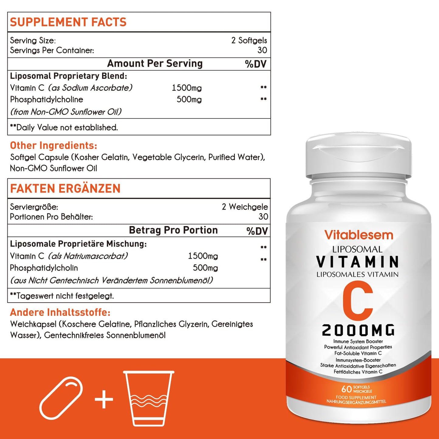 Vitablesem Liposomal Vitamin C Capsules 2000MG (4 Pack) - High Strength Gluten Free & Ascorbic Acid - Immune Support Antioxidant Supplement - Non-GMO