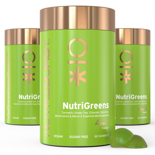 Nutriburst - NutriGreens Multipack - 22 Fruits + Vegetables + Herbs + Mushrooms + Live Bacteria Cultures - Boosted with Vitamins: Zinc, VIT C, D3, B5, B6, B12-3 Month Supply - Suitable for Vegans