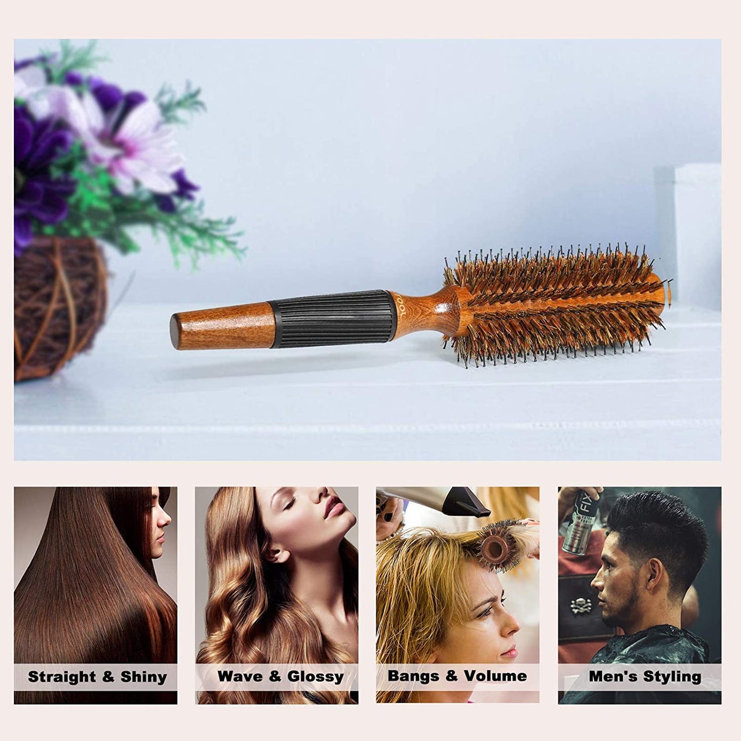 BESTOOL Round Brush for Blow Drying, Boar Bristle Round Hair Brush with Wooden Barrel, Large Round Styling Brush for Women & Men, Straightening, Curling, Adding Shine or Volume (2 inch)