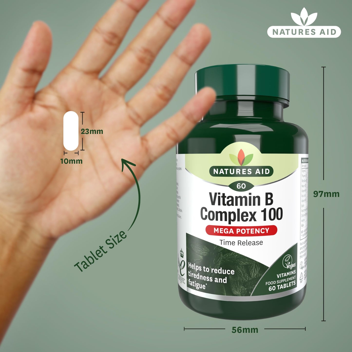 Natures Aid Vitamin B Complex 100mg – High Strength B Vitamins for Energy, Metabolism, Nervous System & Immune Support – Vegan, Gluten-Free, Non-GMO – Natural Supplement – 60 Tablets