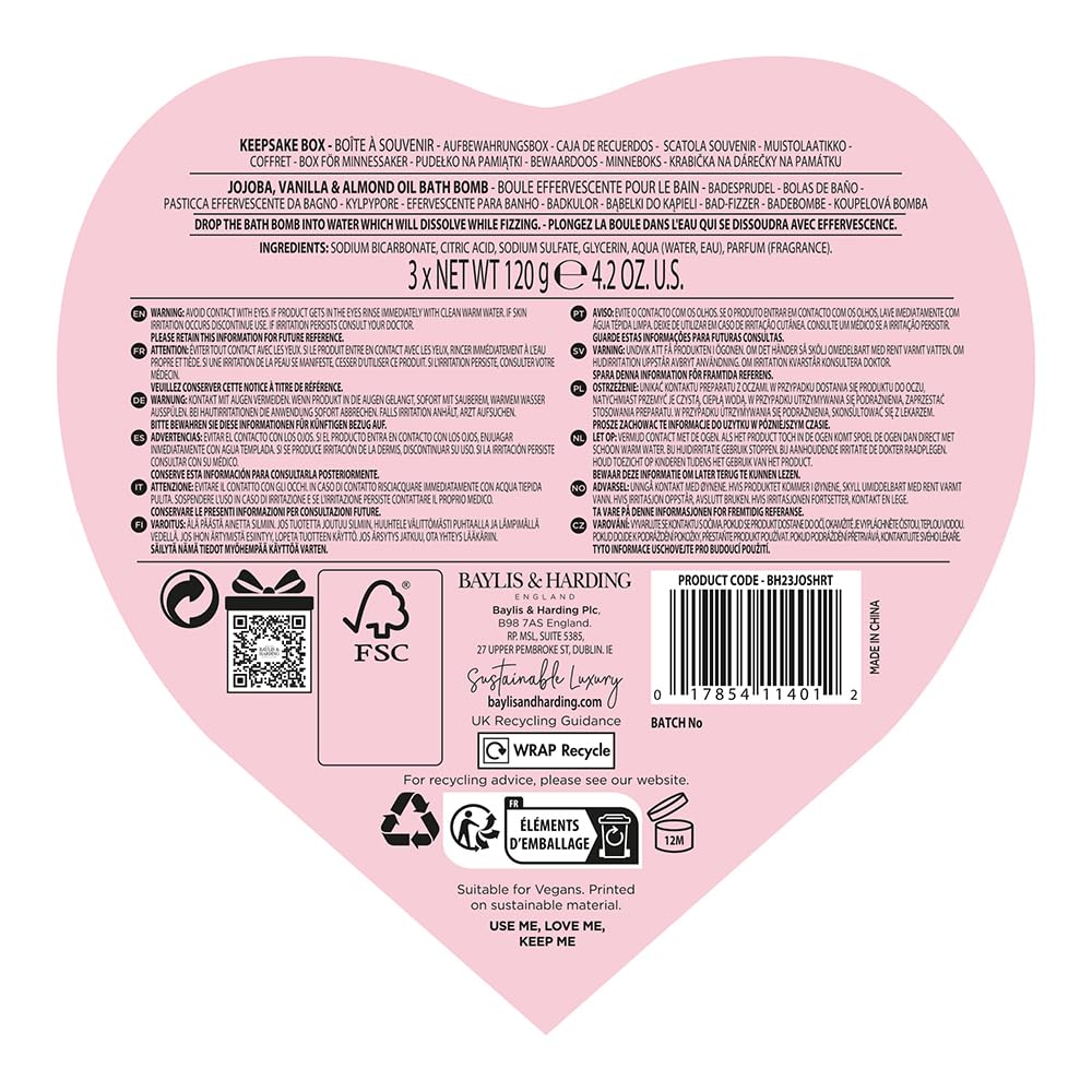 Baylis & Harding Jojoba, Vanilla & Almond Oil Luxury Bath Bomb Heart Trio Gift Set (Pack of 1) - Vegan Friendly